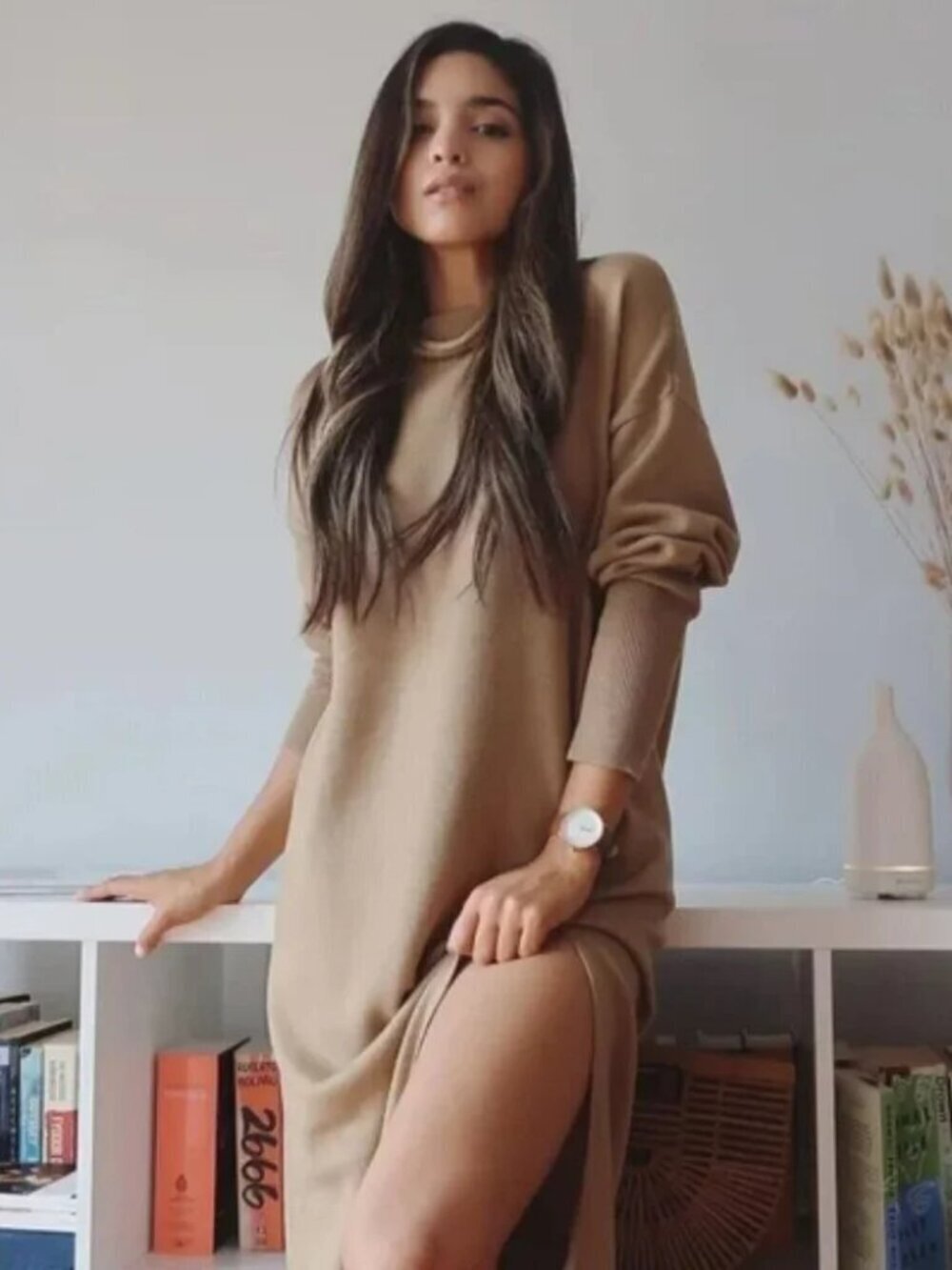 Aritzia Wilfred Cyprie 100% Merino Wool Camel Tan Slit Sweater Dress Size XXS